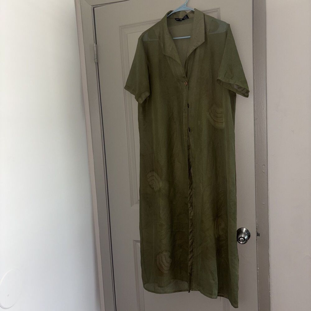 Nancy-K Olive Green Garden Theme Rabbit Button Sheer Maxi Shirt Dress Size XL